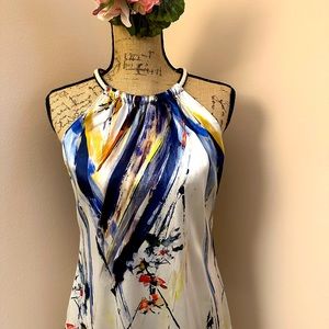 Eli Tahari sleeveless top in multi colored silk with braided neck.